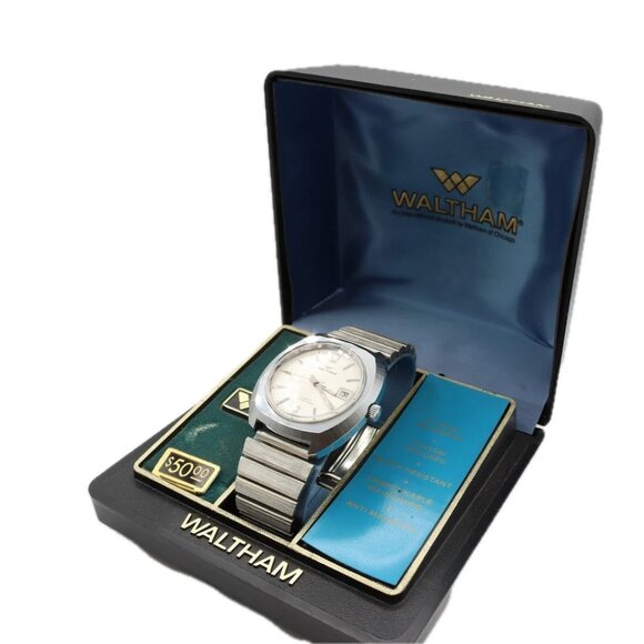 Vintage 38mm Waltham Date Brushed Men's Mechanical Wristwatch Chrome Plated NOS - Picture 6 of 6